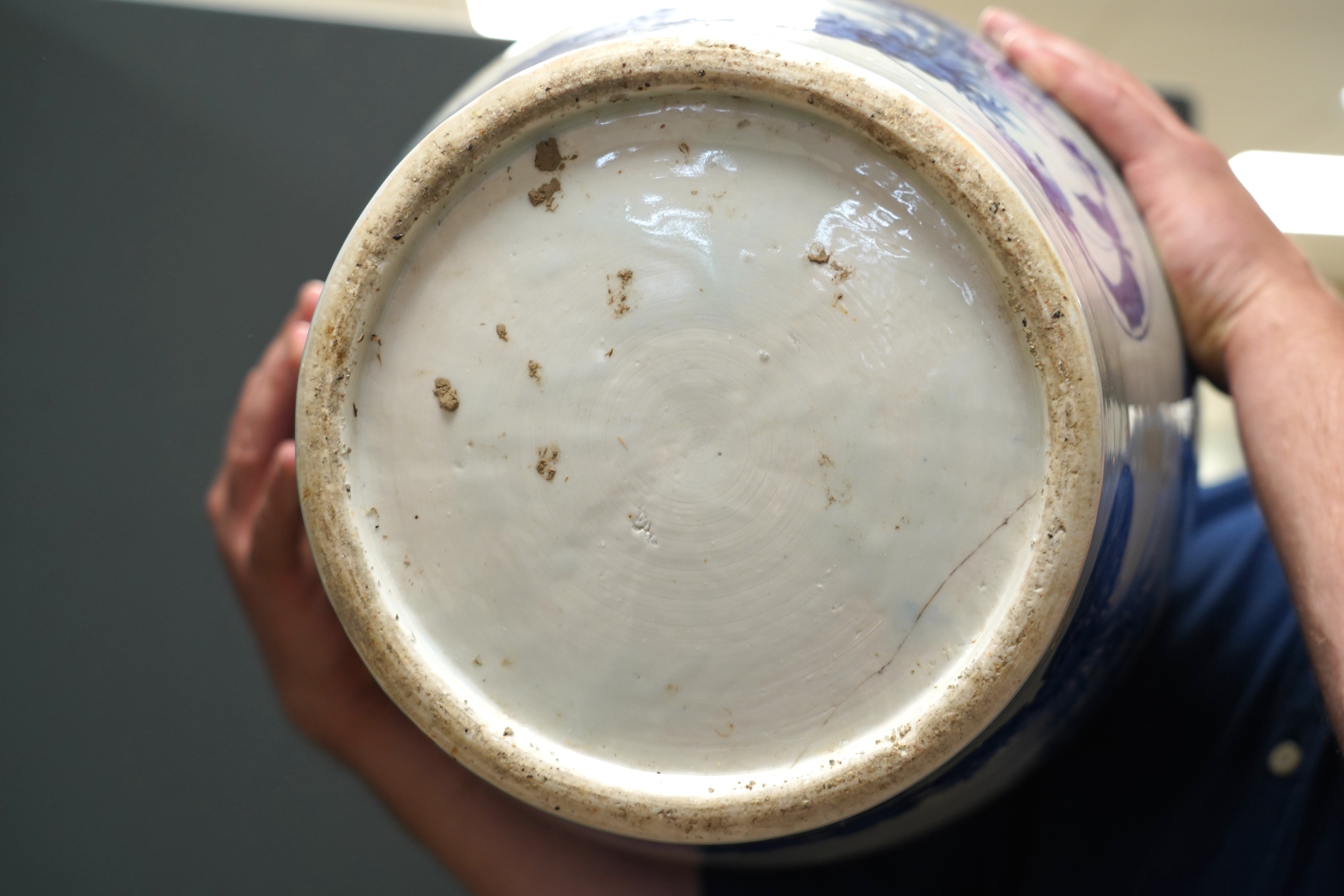 A massive late 19th century Japanese Arita blue and white vase, 79cm (damaged)